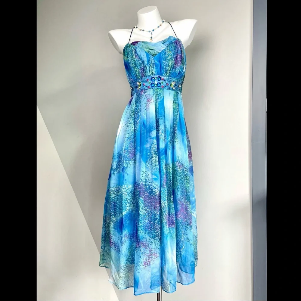 Y2k Fairy Blue Flowy Halter Dress - Picture 1 of 6